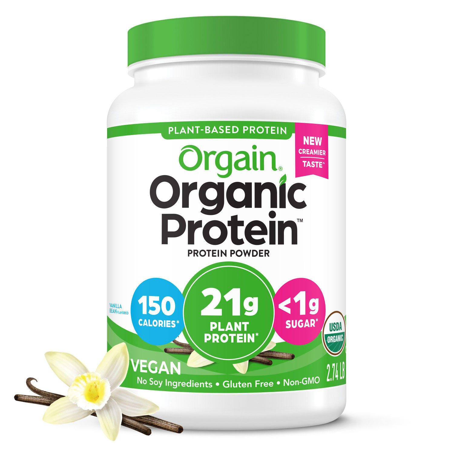 Orgain Organic 21g Plant-Based Protein Powder, Vanilla Bean 2.74 lbs.